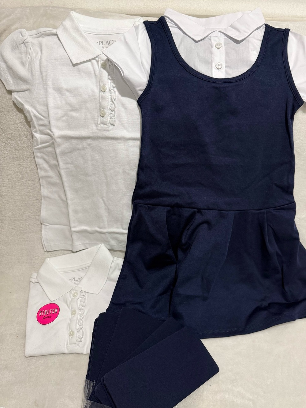 5-6 S Girl Uniform Lot The Children's Place Ponte Knit dress, Polos, Tights